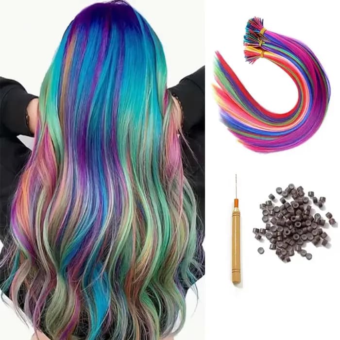 Kit d'extension de cheveux arc-en-ciel de 16 pouces, couleur synthétique, extension de cheveux en bâton, femmes avec microperles, cosplay pour dames