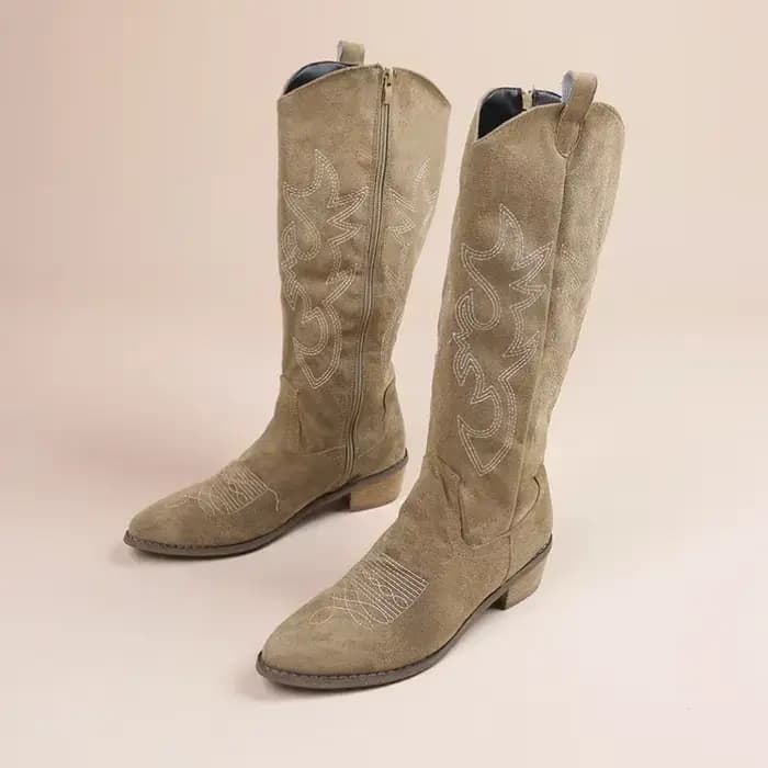 Bottes de cowboy occidentales brodées pour femmes, automne, Parker pointu, talon optique, bottes hautes au genou, cuir PU, bottes longues