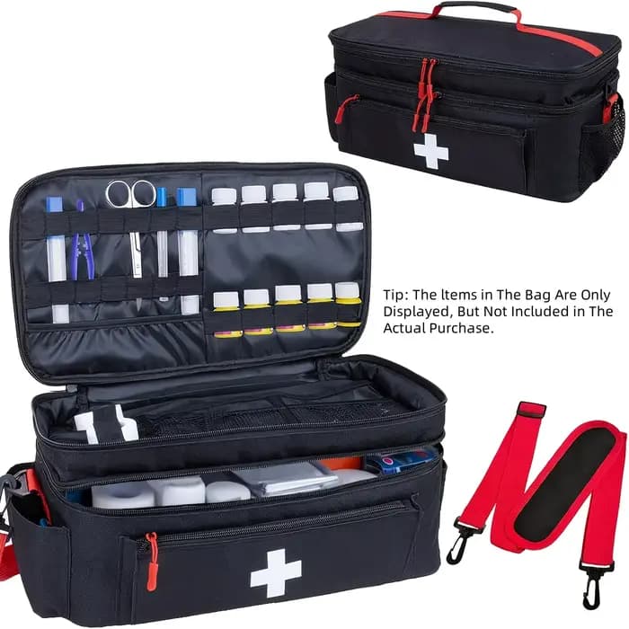 Sac de rangement de médicaments de voyage de grande capacité, kit d'urgence portable, conception à double couche, pochette avant, plusieurs façons de transporter.