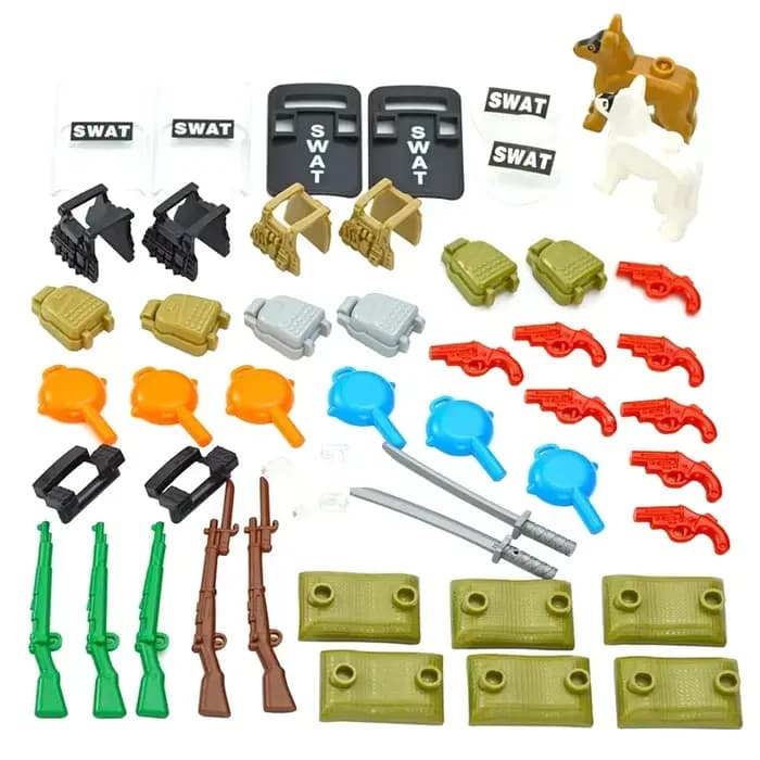 Accessoires d'armes militaires WW2, pistolet de l'armée SUV, conteneur de moto, bloc de construction, clôture, chien de Police, soldat SWAT, briques MOC