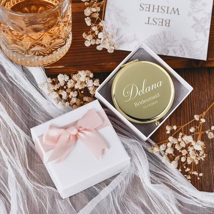 Miroirs de maquillage compacts personnalisés avec boîte à ruban blanc