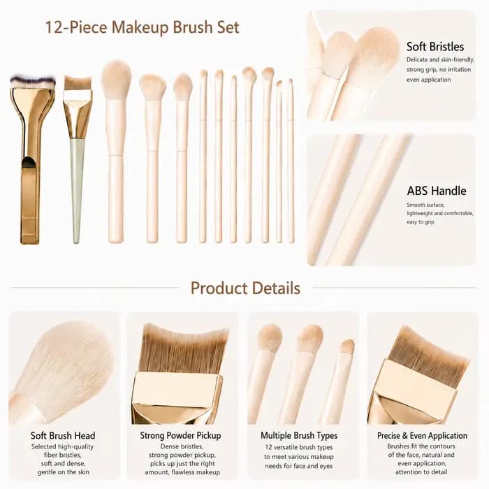 Ensemble professionnel de 12 pinceaux de maquillage avec pinceau pour le fond de teint