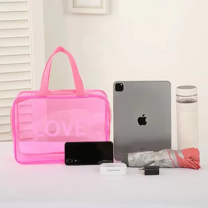 Trousse de maquillage imprimée - Motif LOVE - Organisateur de rangement transparent pour articles de toilette - Sac