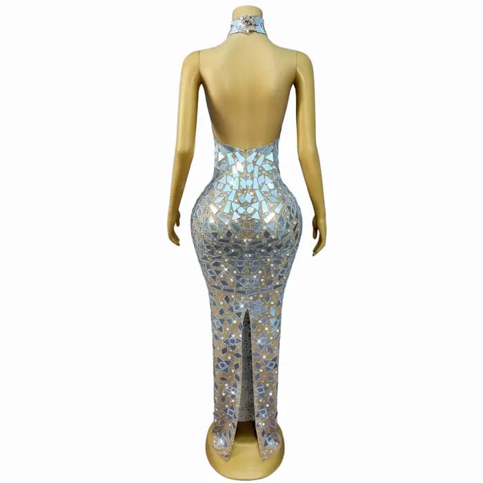 Robe de Soirée Élégante Jingshe pour Femme, en Maille Transparente, avec Strass et Miroirs Argentés, Dos Nu, Idéale pour Mariage, Bal de Promo ou Tenue de Scène