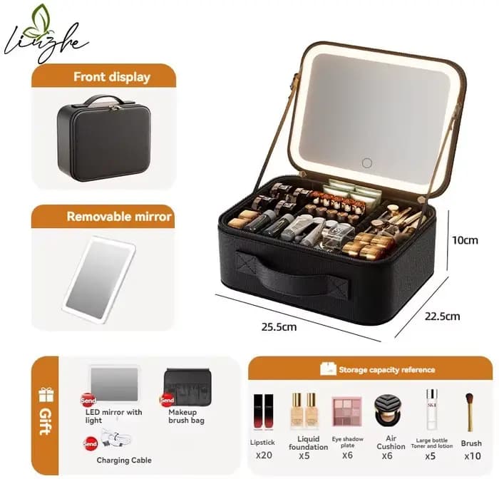Valise à maquillage éclairée haut de gamme avec miroir : trousse