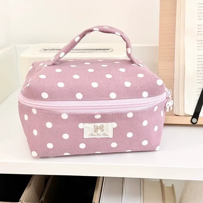 Sac de maquillage portable en tissu à pois Sweet In's avec couvercle rabattable
