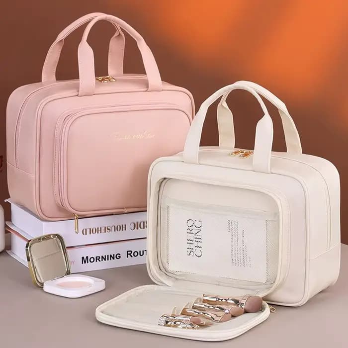 Trousse de maquillage de grande capacité pour femme – Organisateur cosmétique portable avec porte-brosse et poignée de