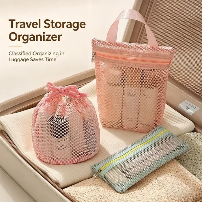 Trousse de toilette de voyage - Sac de rangement respirant en tissu maillé de grande capacité pour articles divers