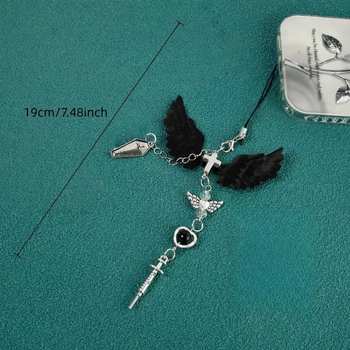 1 x Sangle de téléphone portable noire en forme de cœur ailé de style gothique, cool et créative – Un accessoire unique adapté aux niches et aux individus.
