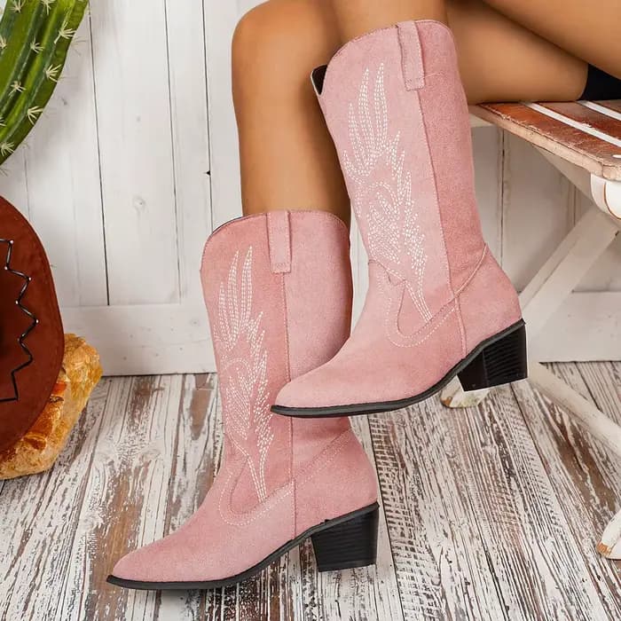 Bottes de cowboy occidentales brodées vintage pour femmes, bottines d'automne et d'hiver à bout rond, talon épais, bottes mi-mollet, nouvelle collection 2025