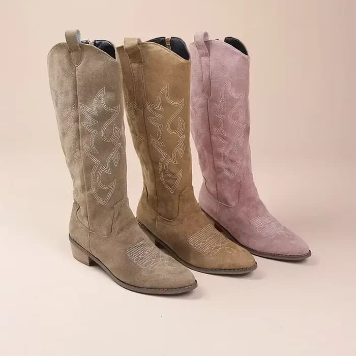 Bottes de cowboy occidentales brodées pour femmes, automne, Parker pointu, talon optique, bottes hautes au genou, cuir PU, bottes longues