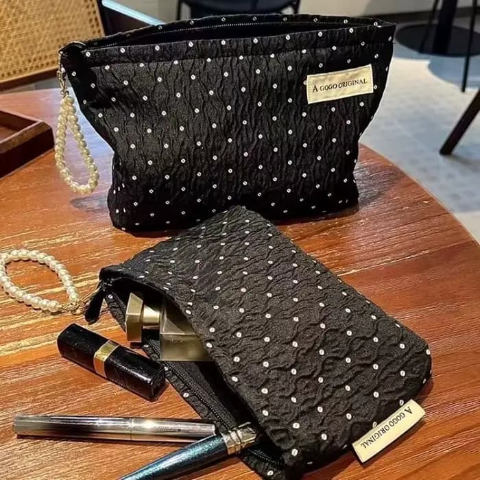 Trousse de maquillage à pois avec fermeture éclair en perles