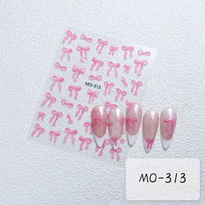 Autocollants pour ongles à nœud papillon, ruban blanc en Relief 3D, mignon, rose doux, autocollants
