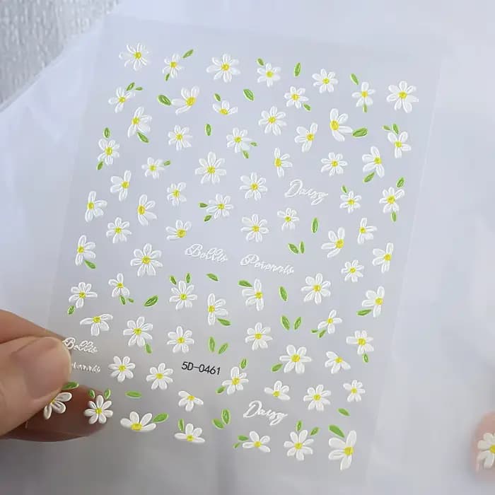 2 pièces 5D blanc marguerite Design Nail Art autocollants en relief marguerite fleur feuille verte N