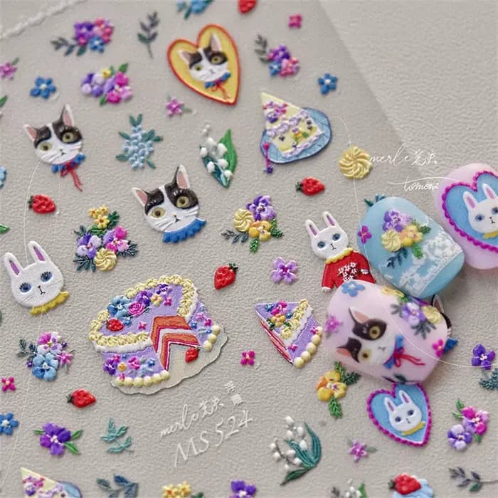 Autocollants 5D chat Kawaii pour Nail Art, 1 pièce, Relief, dessin animé japonais, gâteau rétro, ani