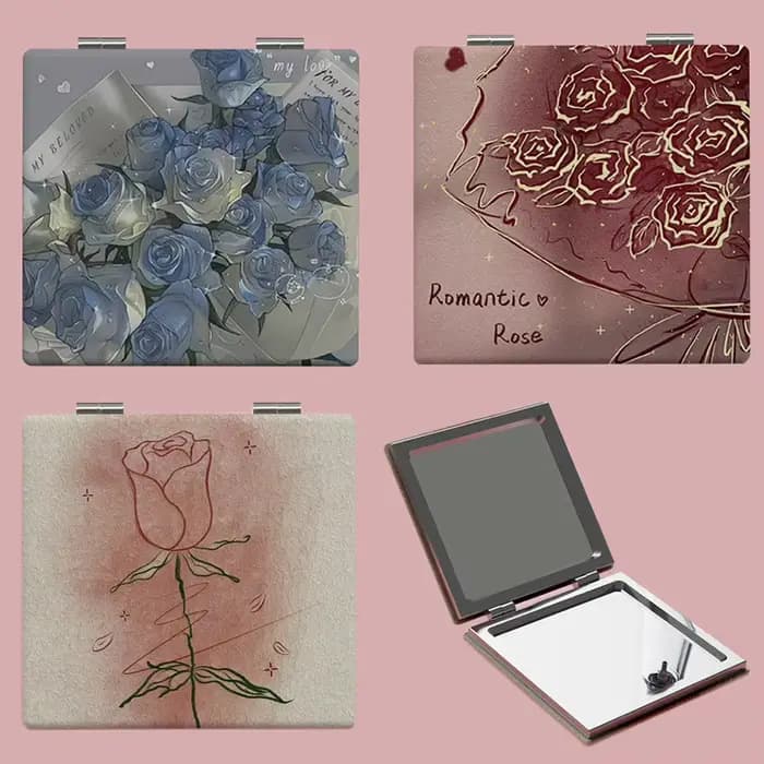 Miroir de maquillage pliant carré à motif rose