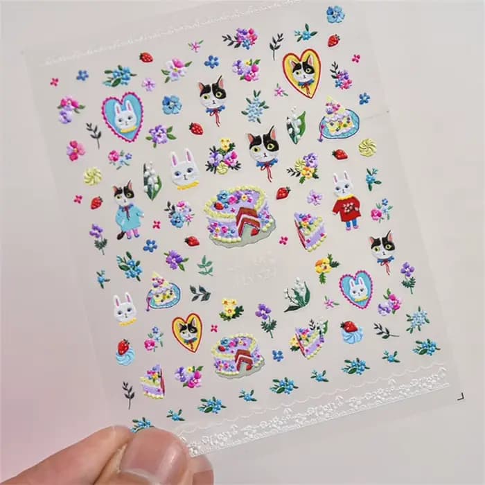 Autocollants 5D chat Kawaii pour Nail Art, 1 pièce, Relief, dessin animé japonais, gâteau rétro, ani