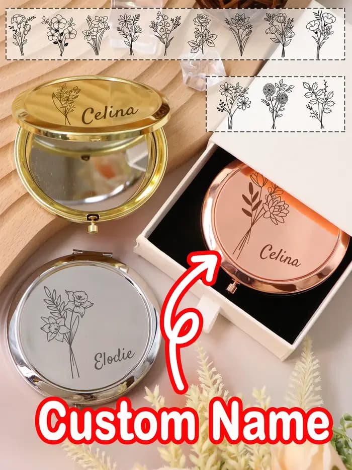 Miroir de poche de mariage personnalisé-avec fleur de naissance