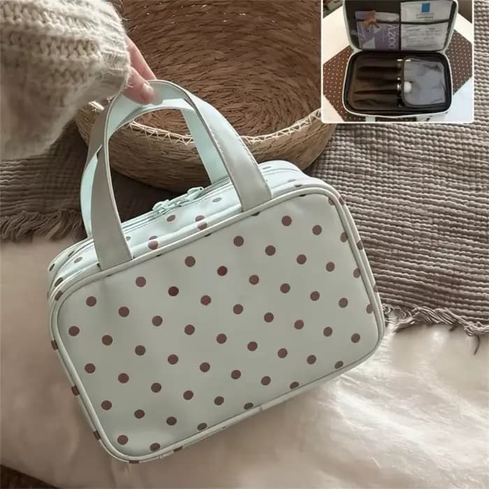 Nouvelle Trousse de Maquillage Portable Grande Capacité à Pois avec 3 Compartiments pour Femmes, Org