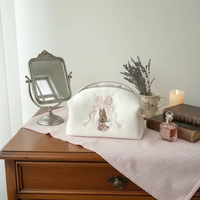 Trousse de Toilette Portable Lapin Grande Capacité avec Nœud en Dentelle