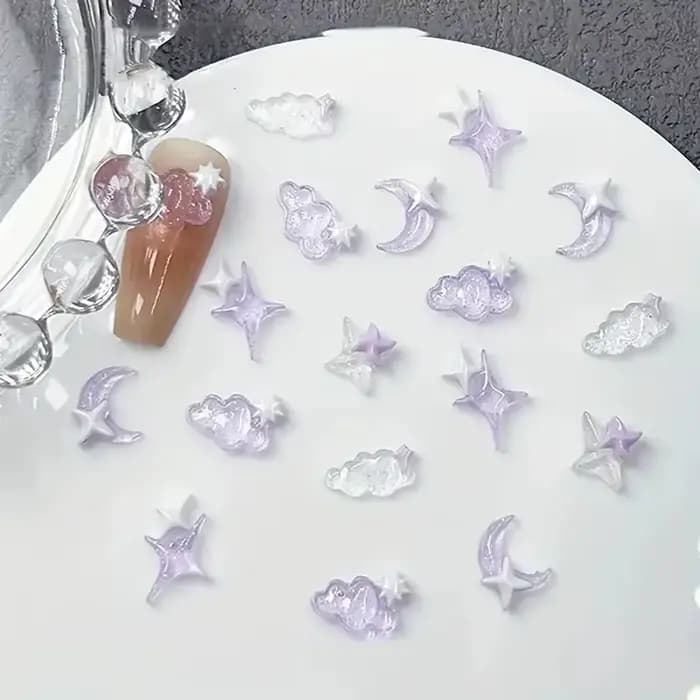 50pcs violet mélangé 3D lune nuage étoile breloques pour ongles en vrac Kawaii Lumionus Mini nuage d