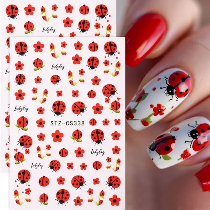 Autocollants pour ongles coccinelle de dessin animé 3D, 2 pièces, pétales rouges d'insecte mignons,