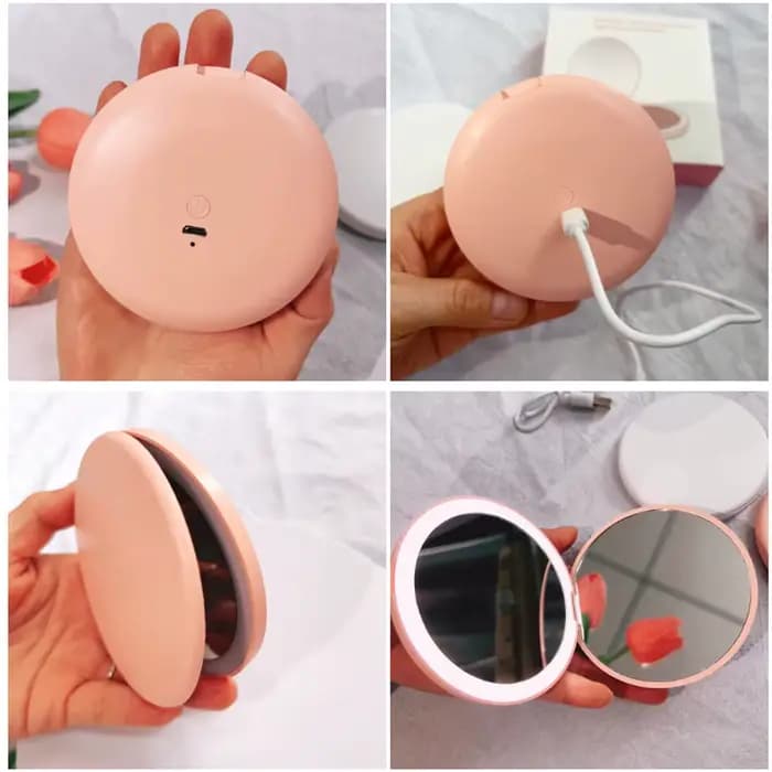 Miroir de maquillage de poche LED rond Portable pliant petit avec lumière voyage