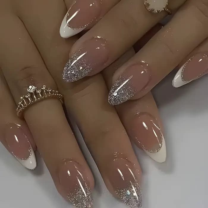 Faux ongles en forme d'amande à paillettes simples, avec colle, Design d'ongles ballerine, doux et f