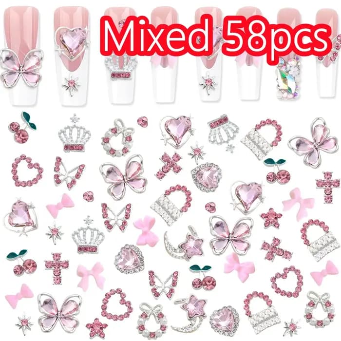 50/58 pièces mixte luxe rose cristal papillon/arc Y2k ongles breloques 3D métal argent alliage Nail Art bricolage doux