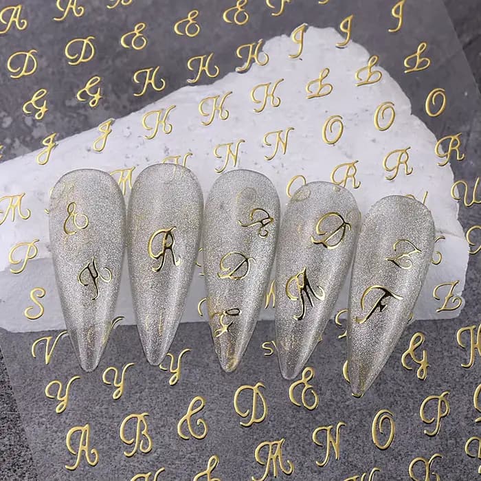 Autocollants pour ongles avec lettres romaines, 4 pièces, doré, argent, noir, blanc, Design Alphabet