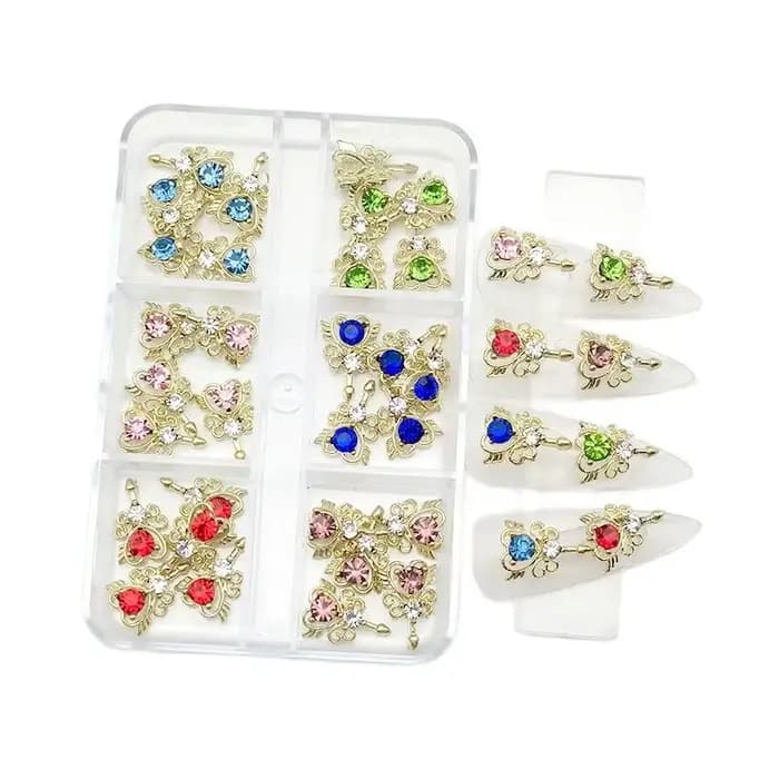 6 compartiments de strass pour ongles, breloques croix planète Saturne, bijoux de luxe pour ongles,