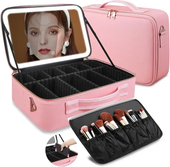 Trousse de maquillage grande capacité 15''x11'' avec miroir LED 3 couleurs