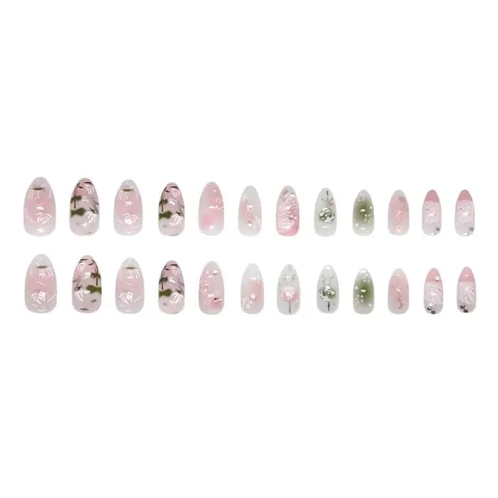 24 pièces douce amande faux ongles conseils peint à la main fleur perle motif Blush rose presse sur