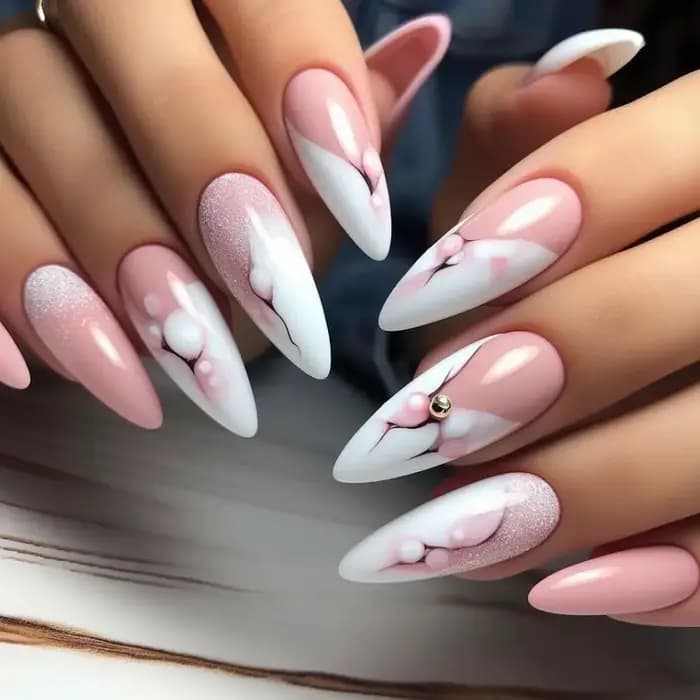 24 pièces fleur couverture complète Nail Art longue amande faux ongles avec poudre brillante dorée conception presse