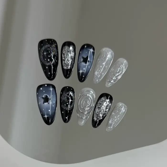 Faux ongles à pression faits à la main Y2k, ciel étoilé, amande, détachables, portables, doux et fra
