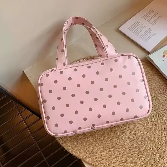 Nouvelle Trousse de Maquillage Portable Grande Capacité à Pois avec 3 Compartiments pour Femmes