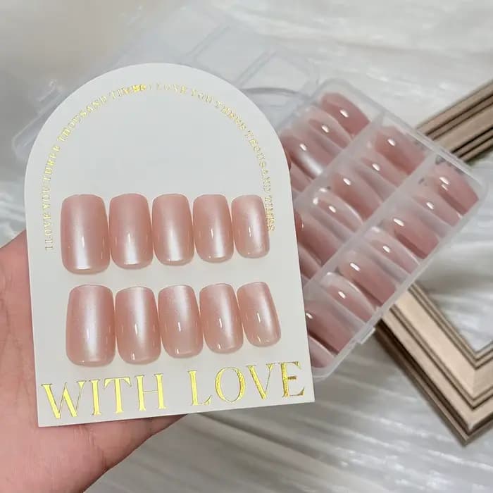 144 pièces/boîte, faux ongles en gel rose nude, effet œil de chat, brillants, courts, tête ronde, fa