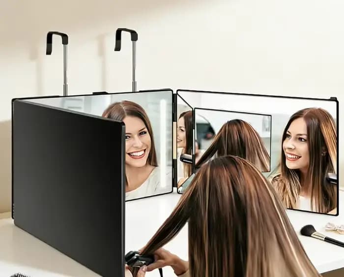 Miroir portable pliable avec crochets télescopiques réglables pour la coupe de cheveux en solo et l'utilisation quotidienne du maquillage