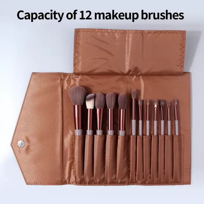 Pochette à pinceaux de maquillage en PU marron avec boucle magnétique, organiseur anti-poussière et pliable, capacité jusqu'à 12 pinceaux pour le voyage, portable et élégant