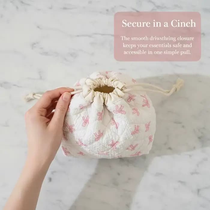 Pochette à maquillage matelassée en coton avec cordon de serrage