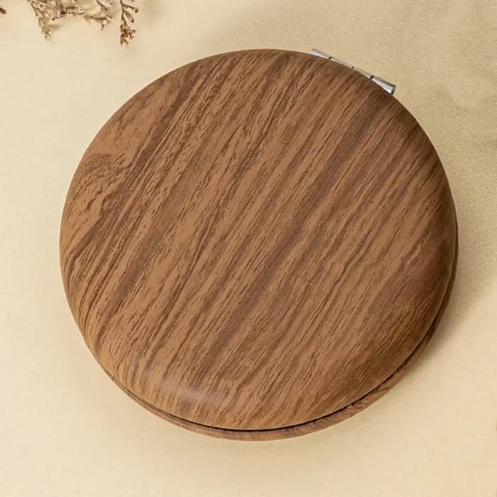Miroir de poche en cuir PU, miroir portable vintage, miroir de maquillage à effet bois, rétro chic pour sac à main, voyage, filles