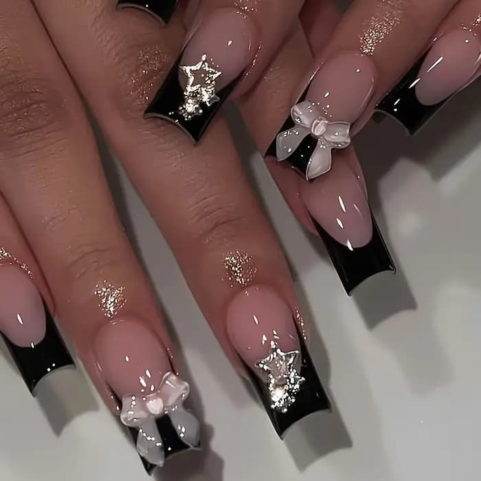 24 pièces/1 boîte noir français portant un Patch pour ongles doux et frais paillettes étoiles d'amour en Europe
