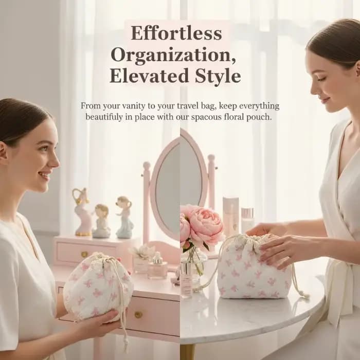 Pochette à maquillage matelassée en coton avec cordon de serrage
