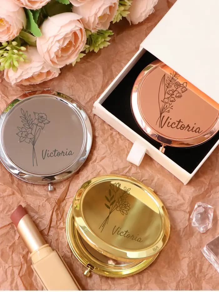 Miroir de poche de mariage personnalisé-avec fleur de naissance