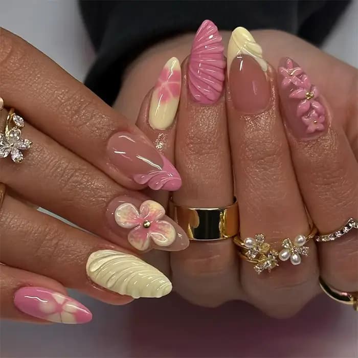 24 pièces amande faux ongles conseils été plage ongles colorés ensembles avec perle fleur conception