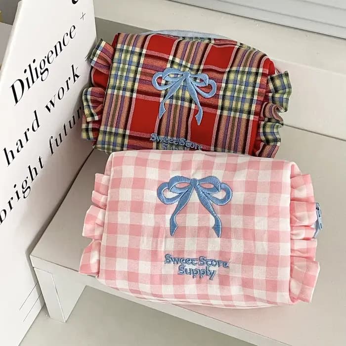Kawaii sac cosmétique Plaid arc trousse de Maquillage mignon petit sac fille Style doux à volants