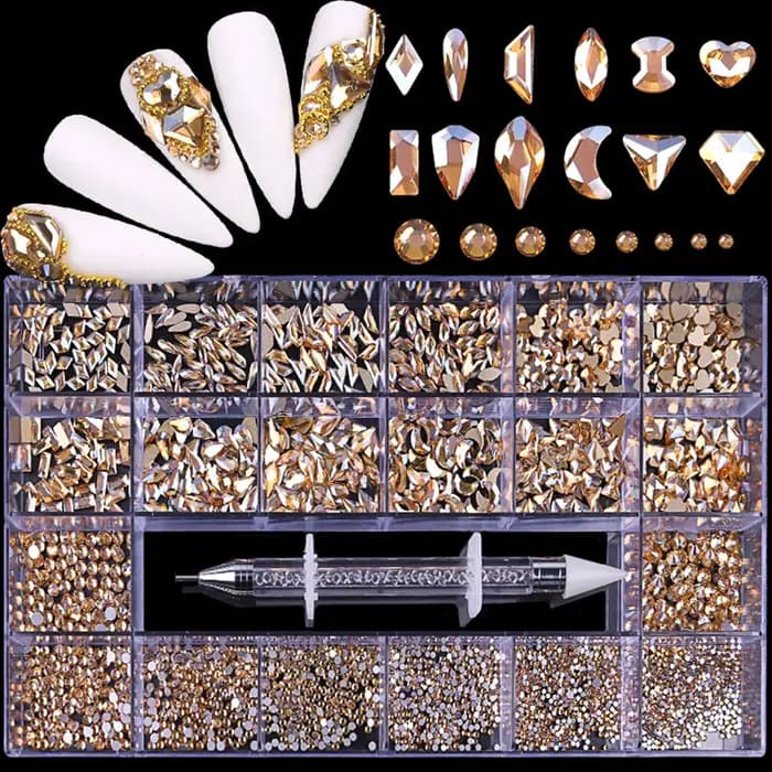 Verre de champagne rouge cristal diamant plat strass Nail Art décoration 21 grille boîte ongles accessoires ensemble
