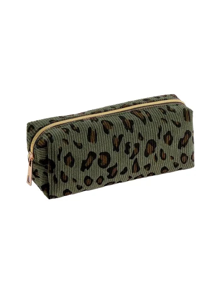 1 trousse à crayons en velours côtelé avec un motif imprimé léopard, fermeture éclair lisse, durable
