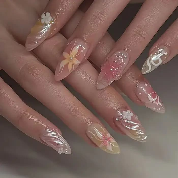 24 pièces amande faux ongles conseils été plage ongles colorés ensembles avec perle fleur conception