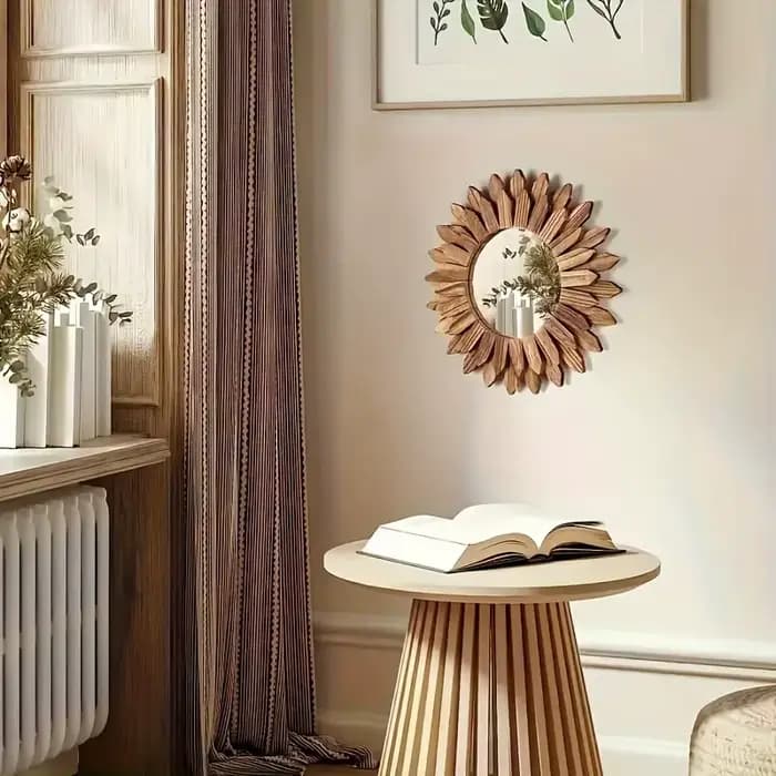 Miroir de maquillage mural chic en forme de tournesol - Cadre rond en bois